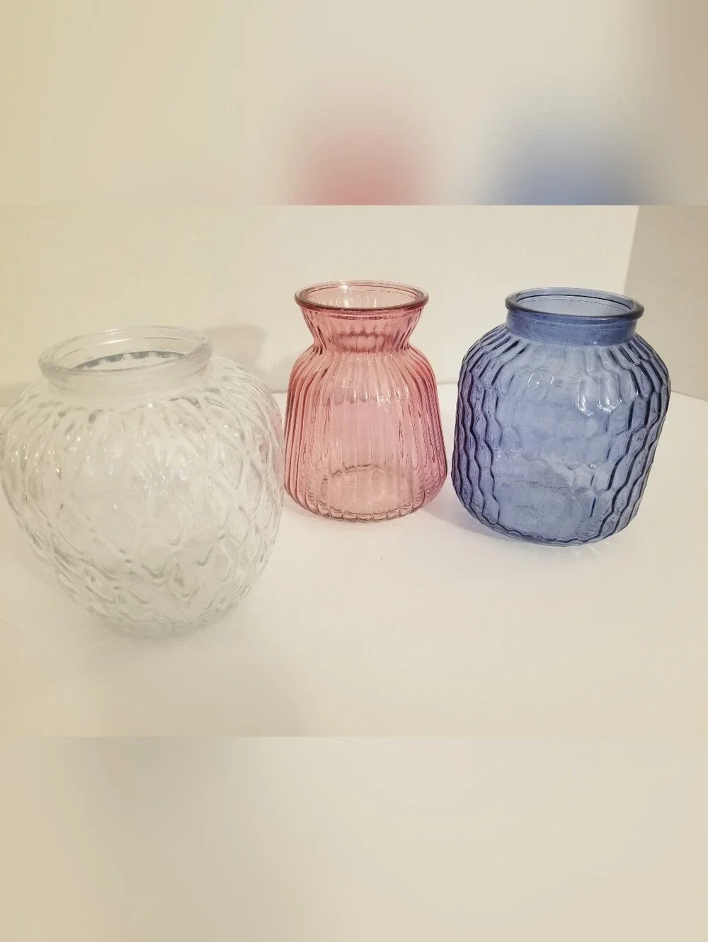 Patriotic American Textured Glass Flower Vases muted Clear Red White Flag Colors
